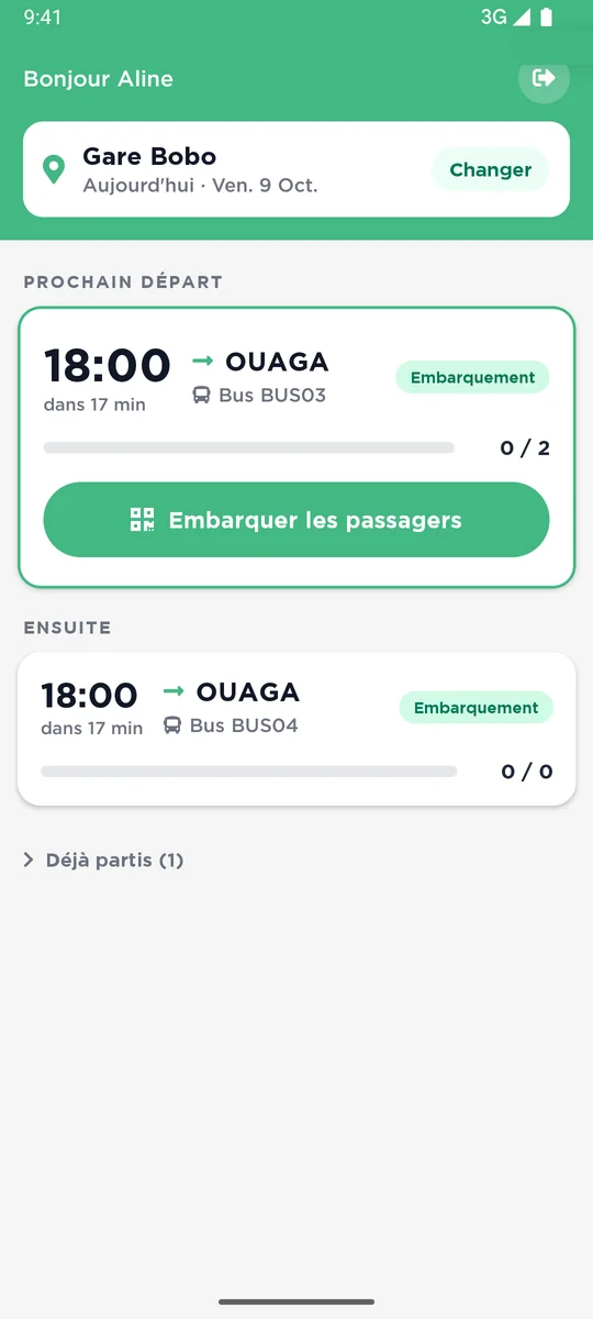 Application NafaPass Contrôle : départs du jour et passagers à embarquer